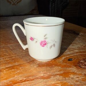 White Porcelain Tea Cup with Pink Rose Accent and Gold Trim